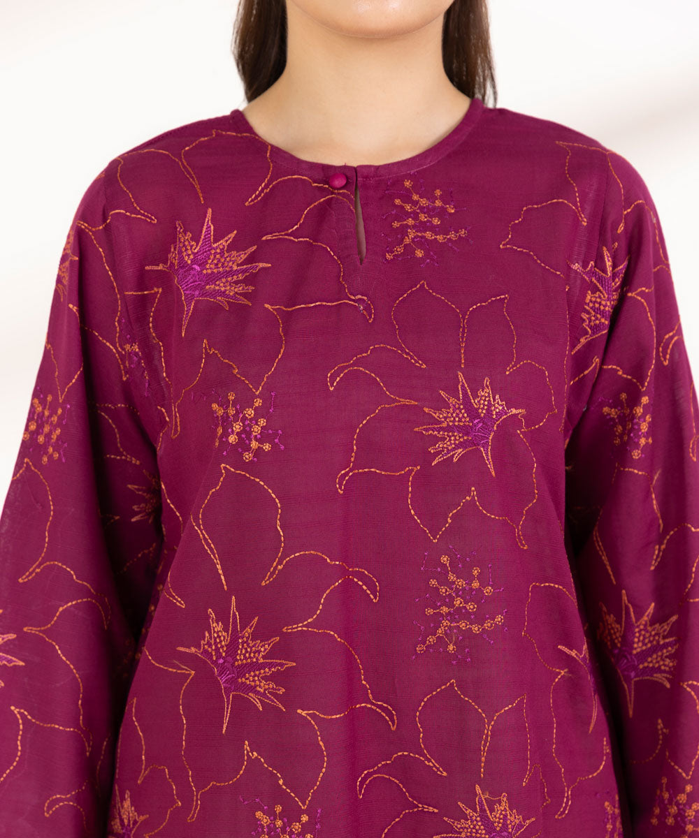 Women's Pret Khaddar Embroidered Magenta A-Line Shirt