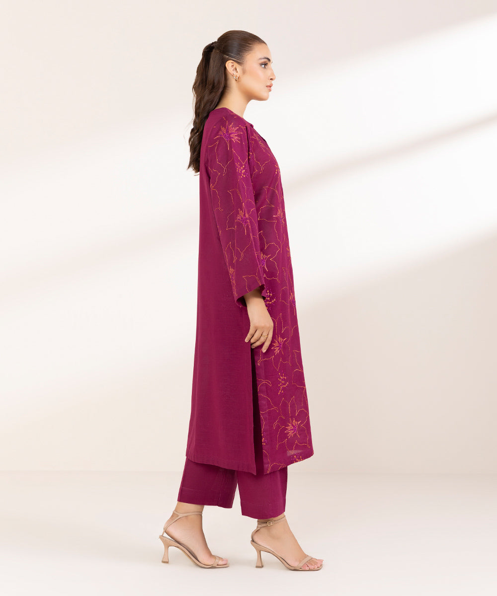 Women's Pret Khaddar Embroidered Magenta A-Line Shirt