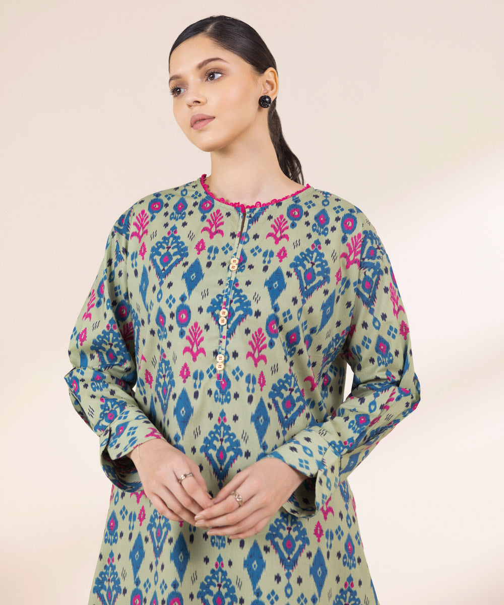 Women's Pret Cotton Viscose Printed Pistachio Green Boxy Shirt