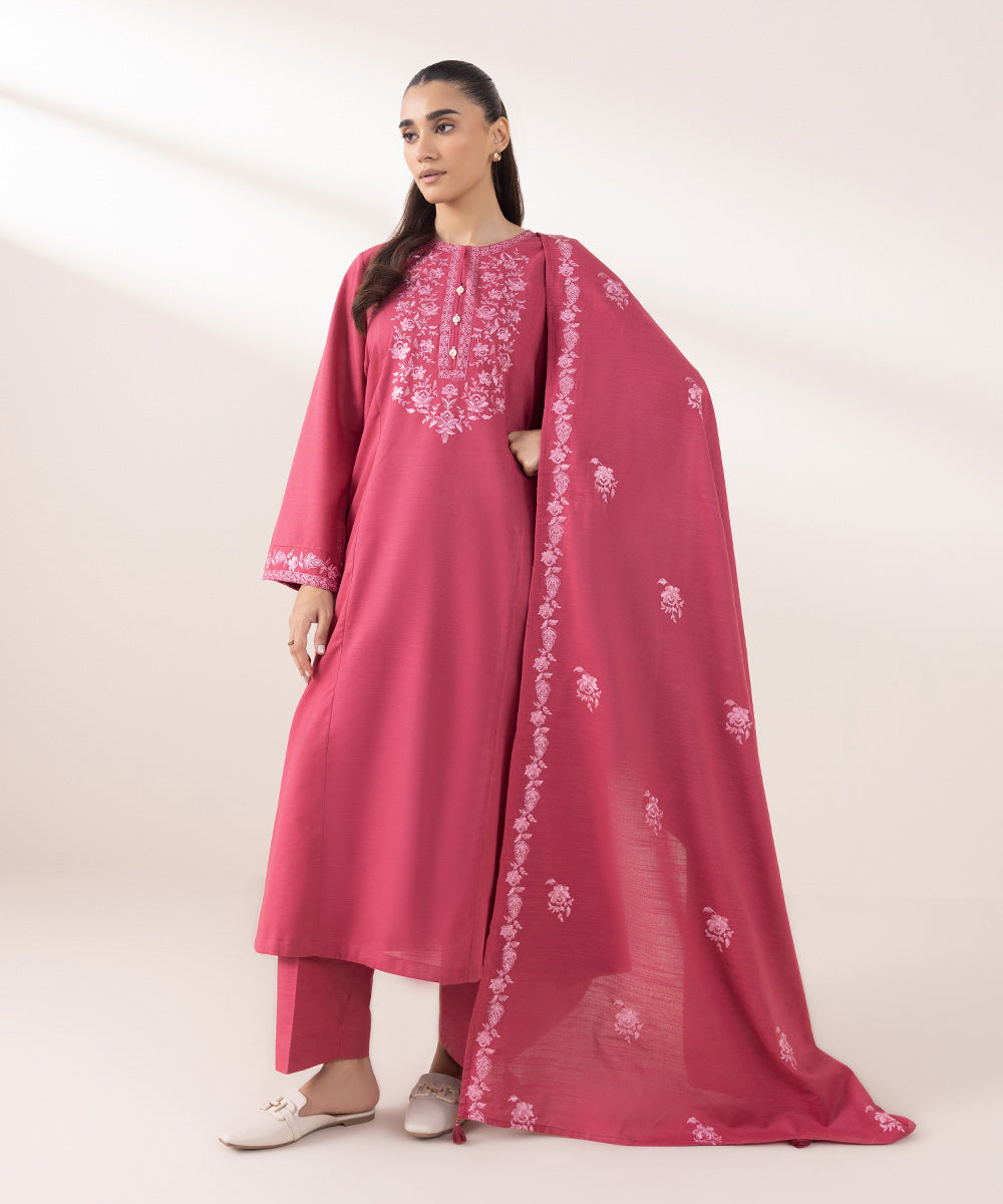 Khaddar Embroidered Punch Pink Dupatta