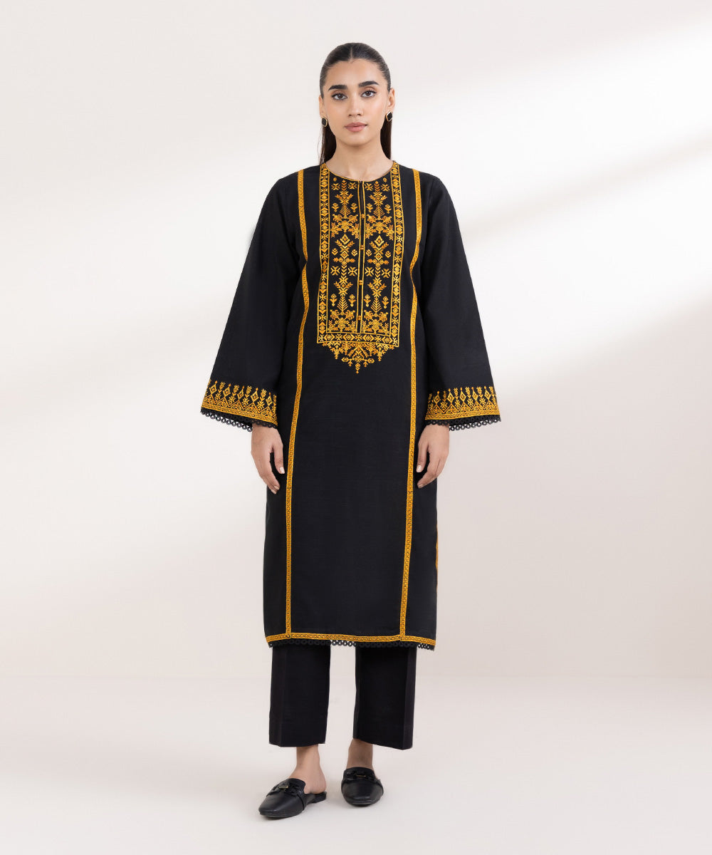 Women's Pret Light Khaddar Embroidered Black A-Line Shirt