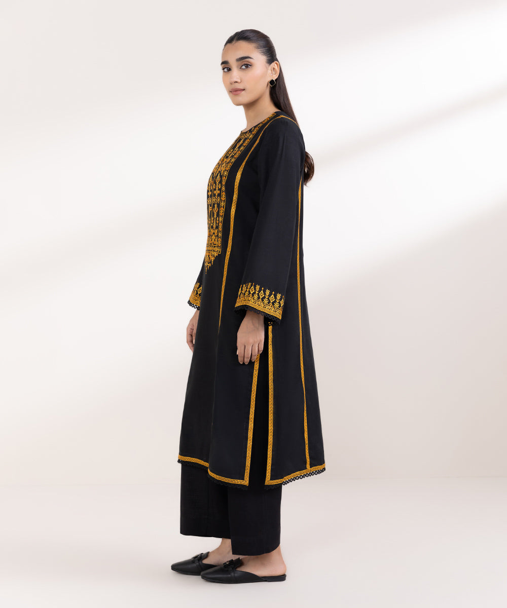 Women's Pret Light Khaddar Embroidered Black A-Line Shirt