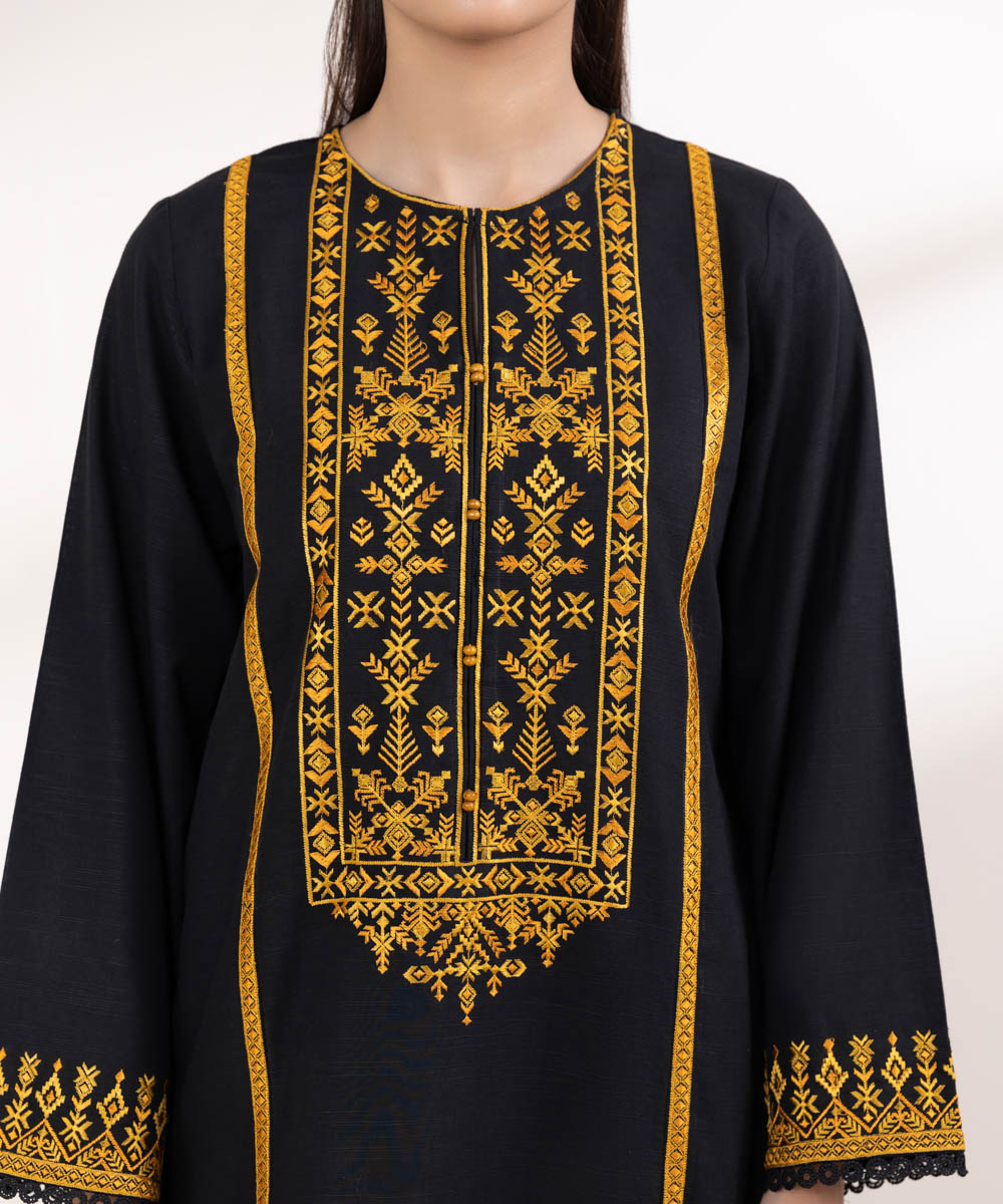 Women's Pret Light Khaddar Embroidered Black A-Line Shirt