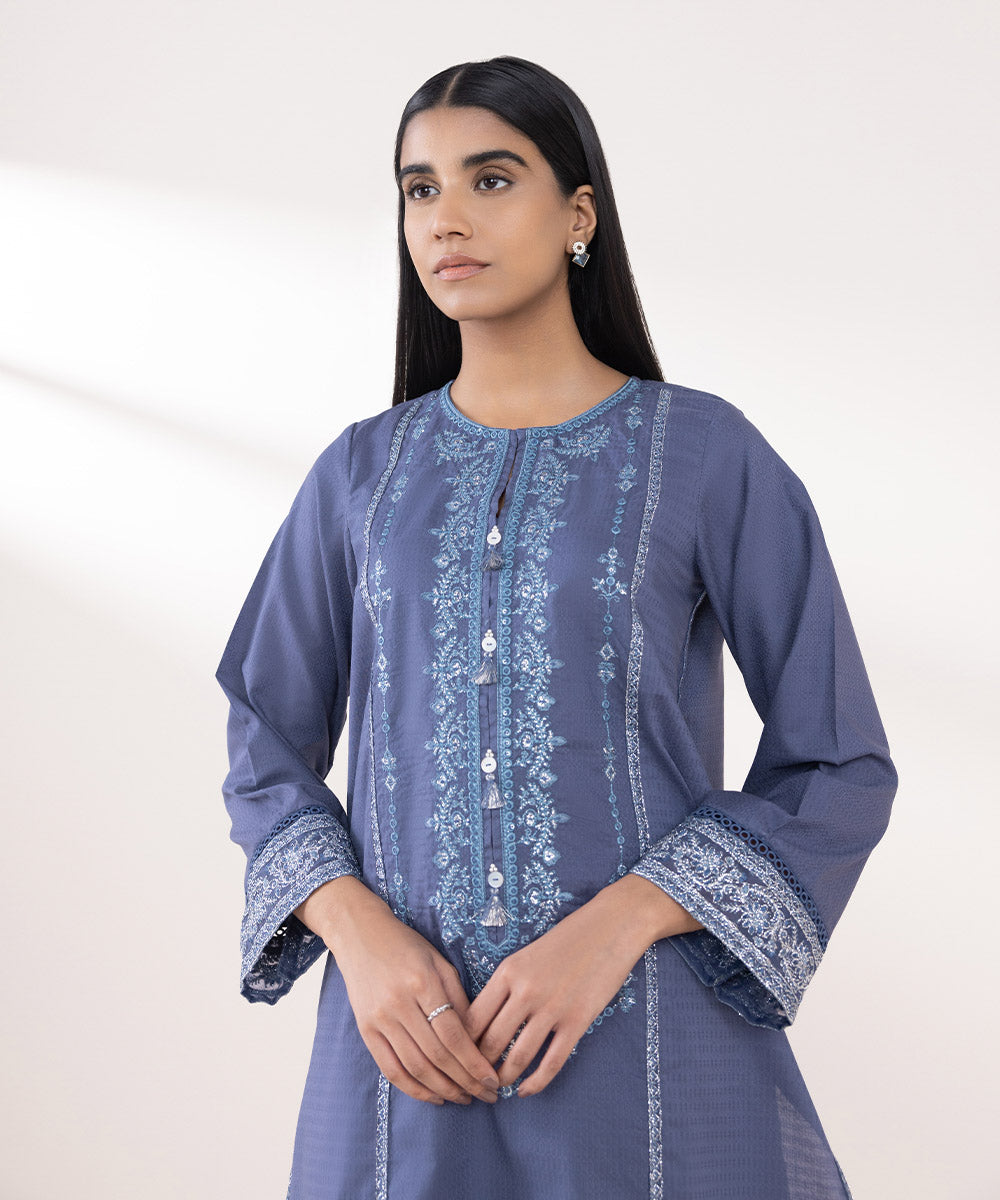 Women's Pret Dobby Embroidered Blue A-Line Shirt