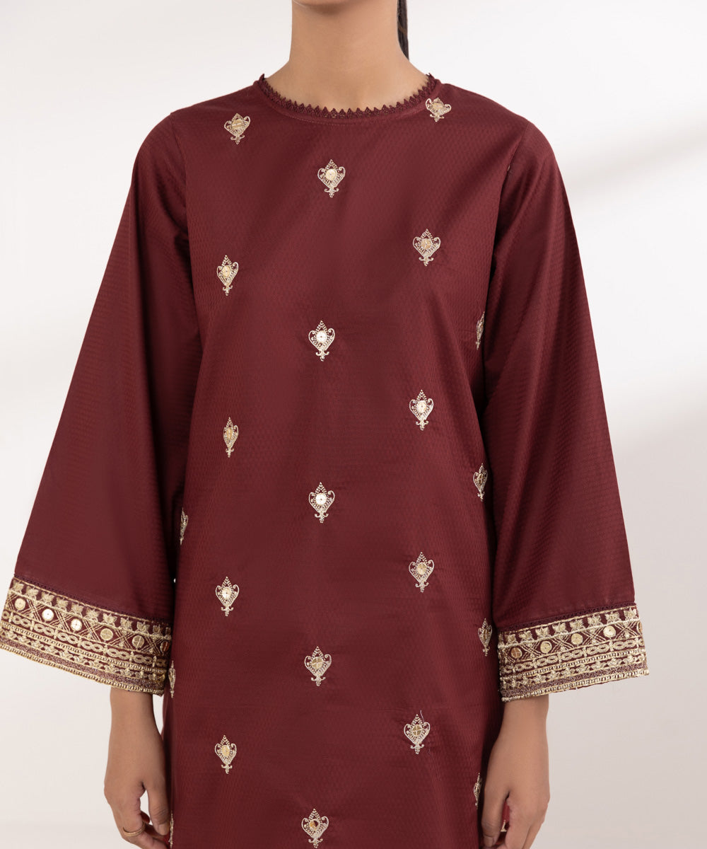 Women's Pret Dobby Embroidered Red A-Line Shirt