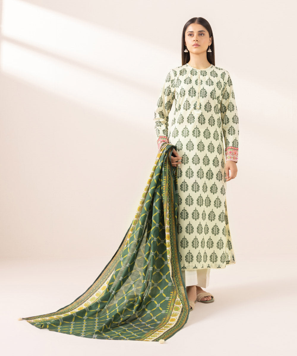 Women's Textured Voile Green Printed Dupatta