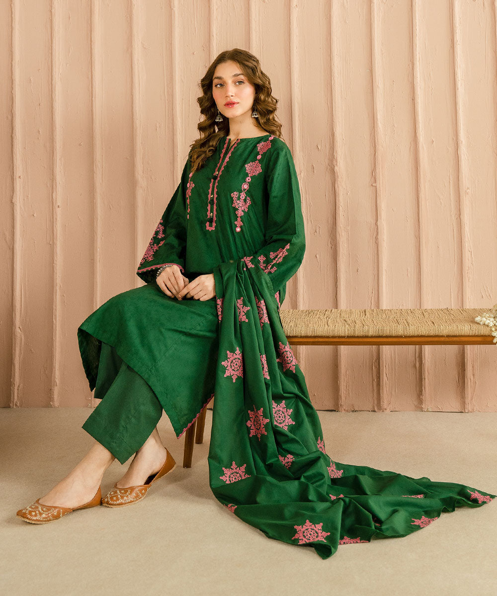 Women's Fine Voile Green Embroidered Dupatta