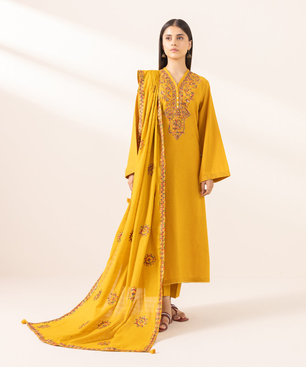 Women's Textured Voile Yellow Embroidered Dupatta