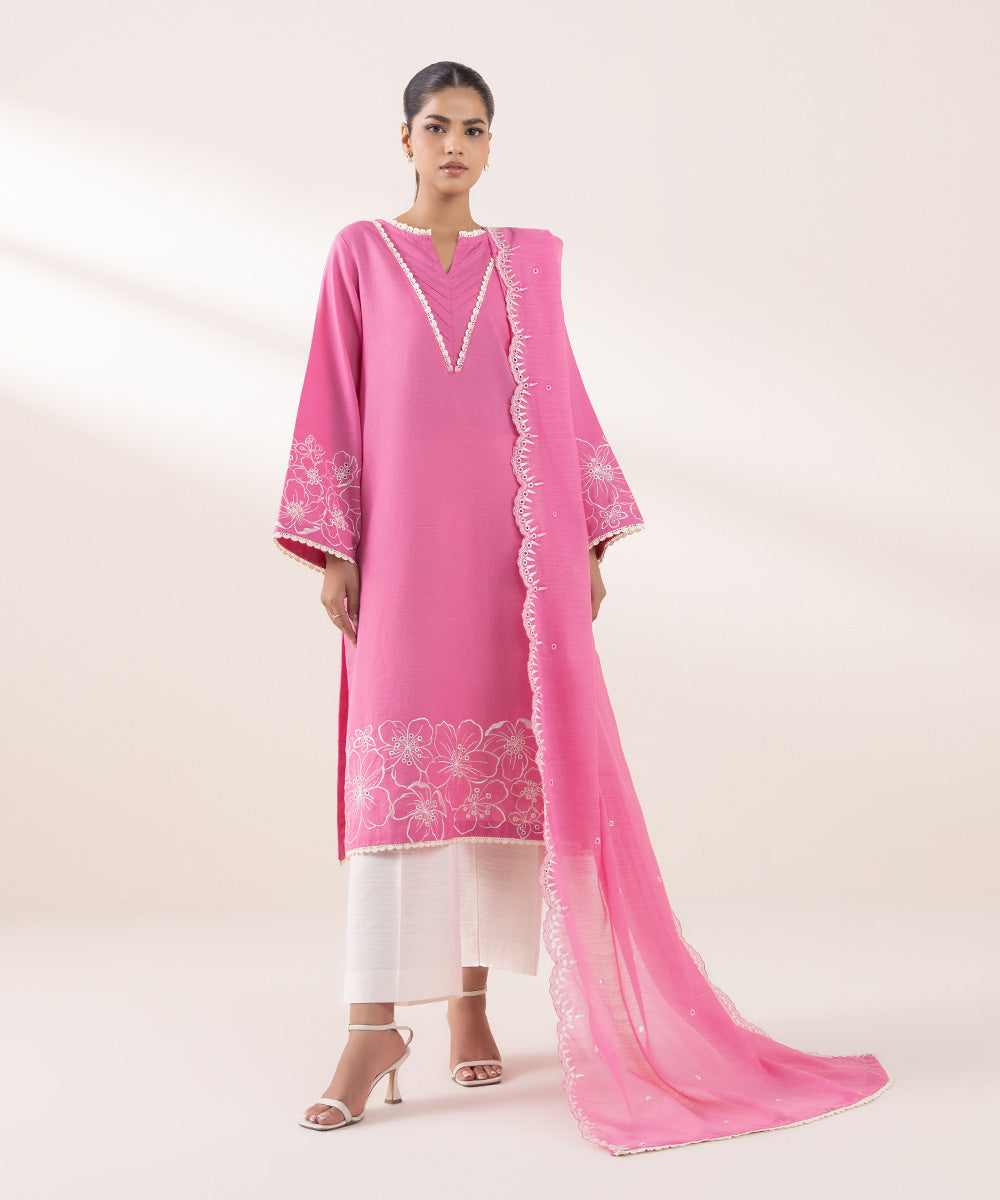 Dull Raw Silk Embroidered Watermelon Pink Dupatta