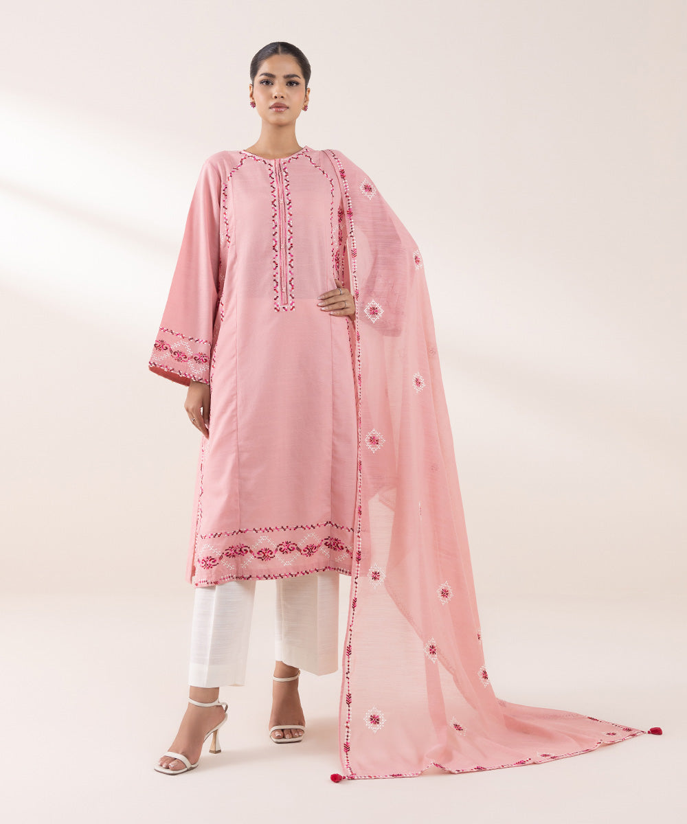 Dull Raw Silk Embroidered Light Pink Dupatta