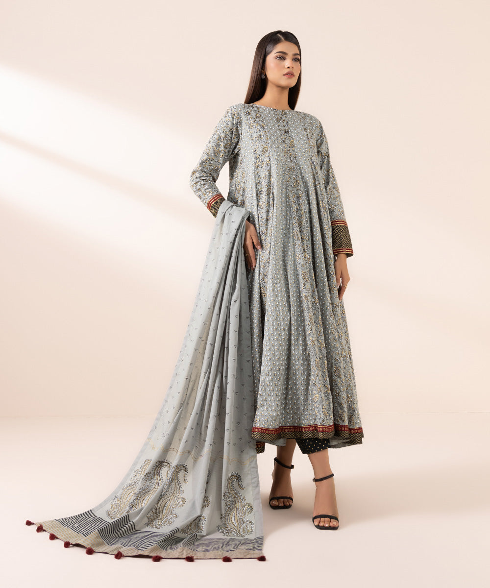 Fine Voile Grey Block Printed Dupatta