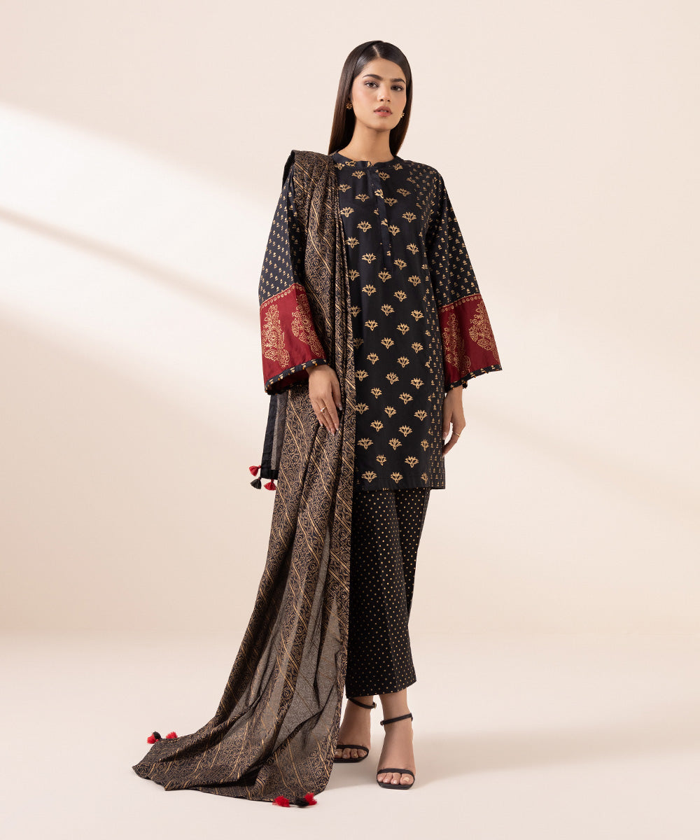 Fine Voile Black Block Printed Dupatta