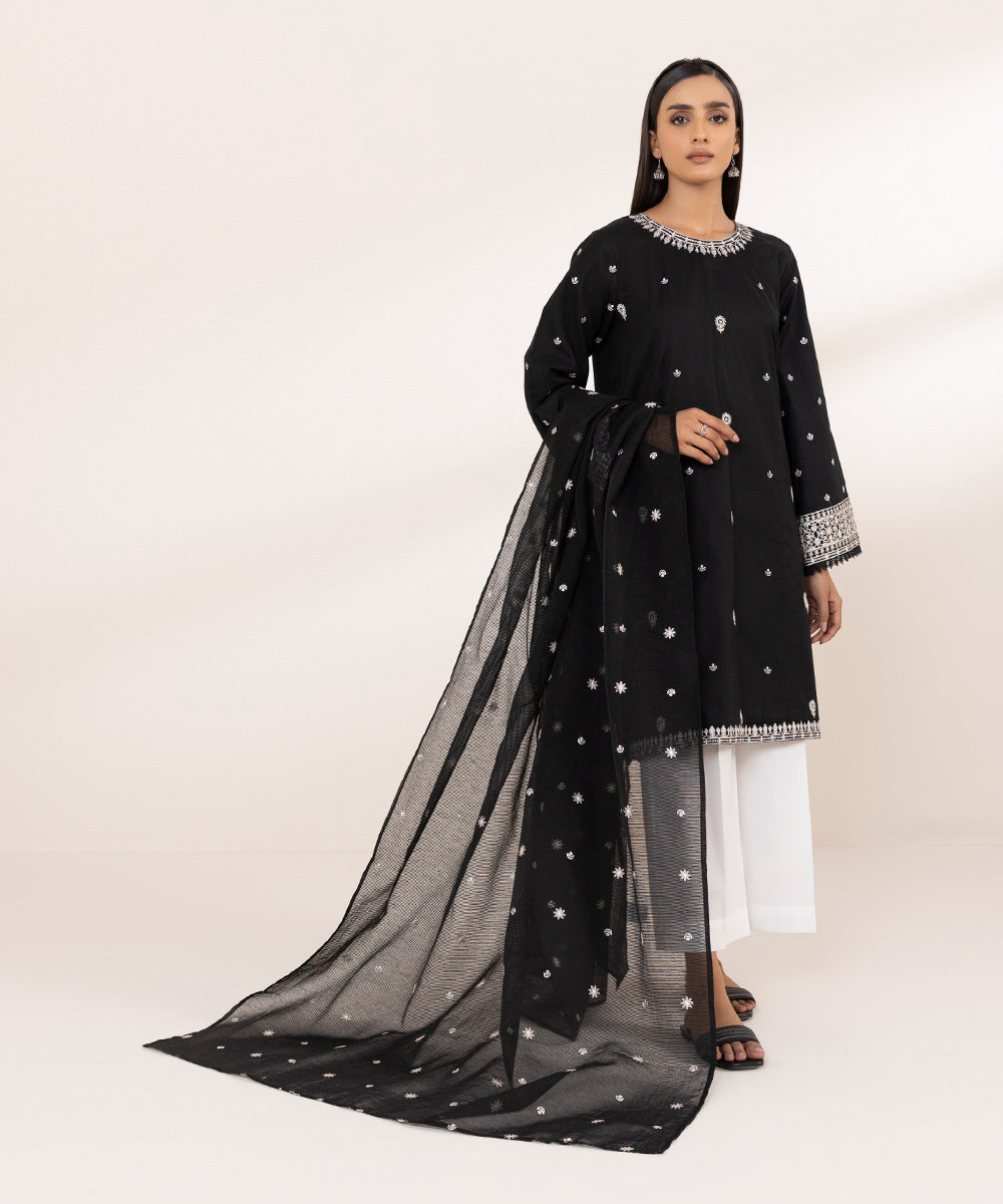 Blended Textured Karandi Black Embroidered Dupatta