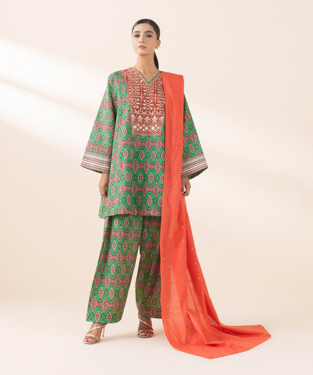 Women's Unstitched Embroidered Green Light Khaddar Three Piece Suit