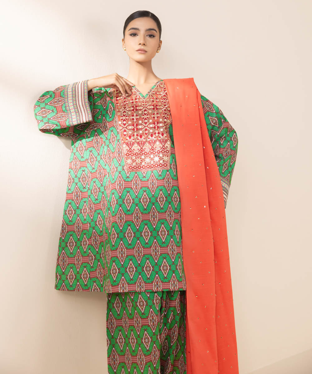 Women's Unstitched Embroidered Green Light Khaddar Three Piece Suit