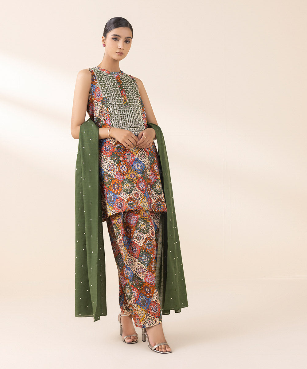 Women's Unstitched Embroidered Multicolours Light Khaddar Three Piece Suit