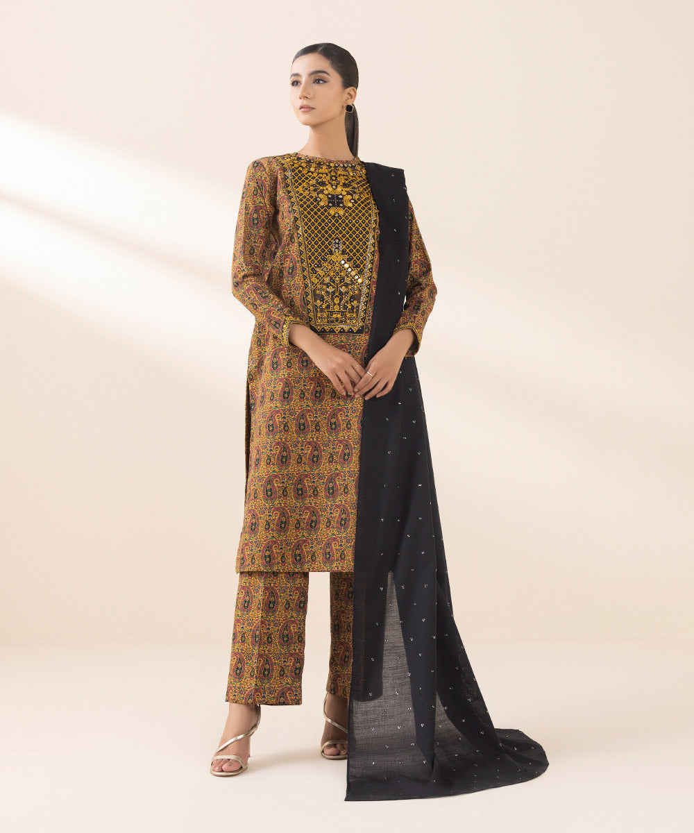 Women's Unstitched Embroidered Mustard Light Khaddar Three Piece Suit