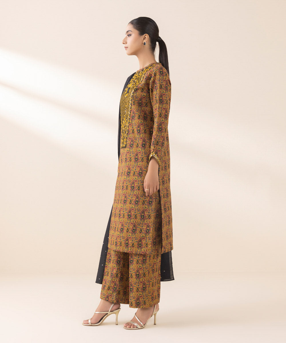 Women's Unstitched Embroidered Mustard Light Khaddar Three Piece Suit