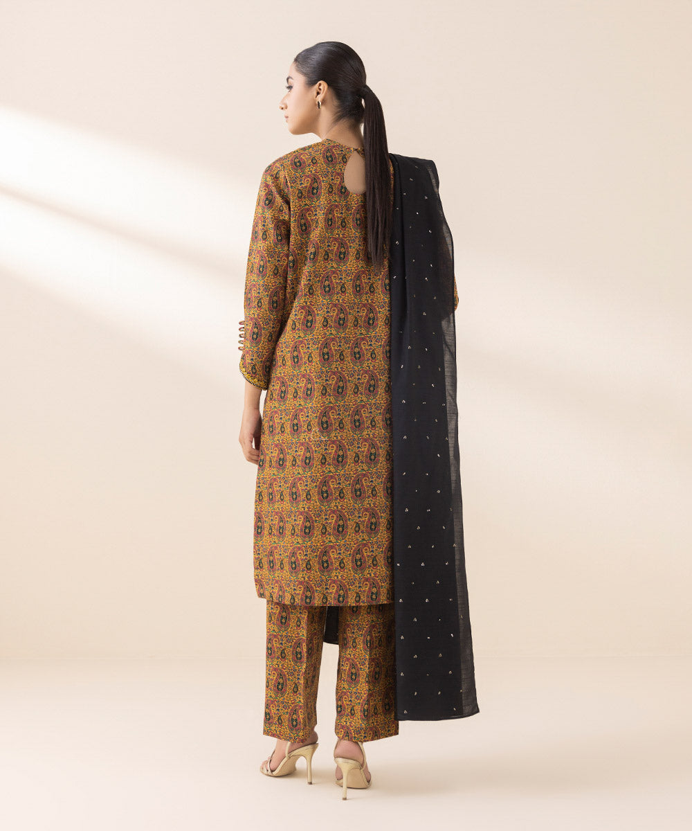 Women's Unstitched Embroidered Mustard Light Khaddar Three Piece Suit