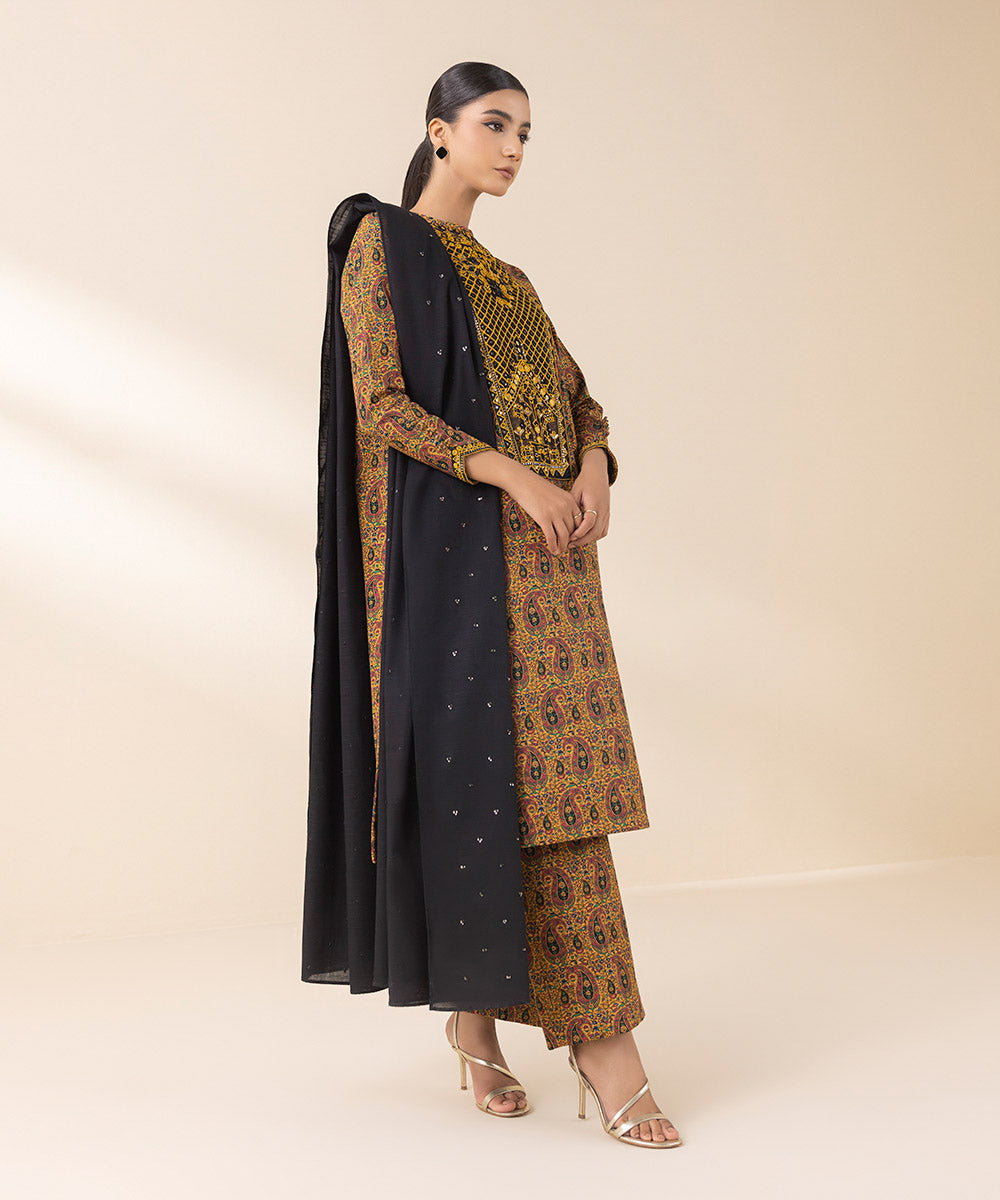 Women's Unstitched Embroidered Mustard Light Khaddar Three Piece Suit