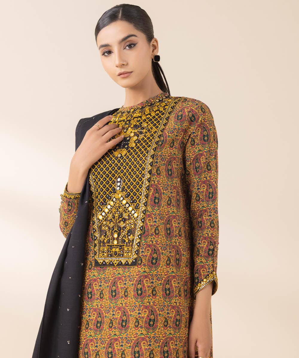 Women's Unstitched Embroidered Mustard Light Khaddar Three Piece Suit