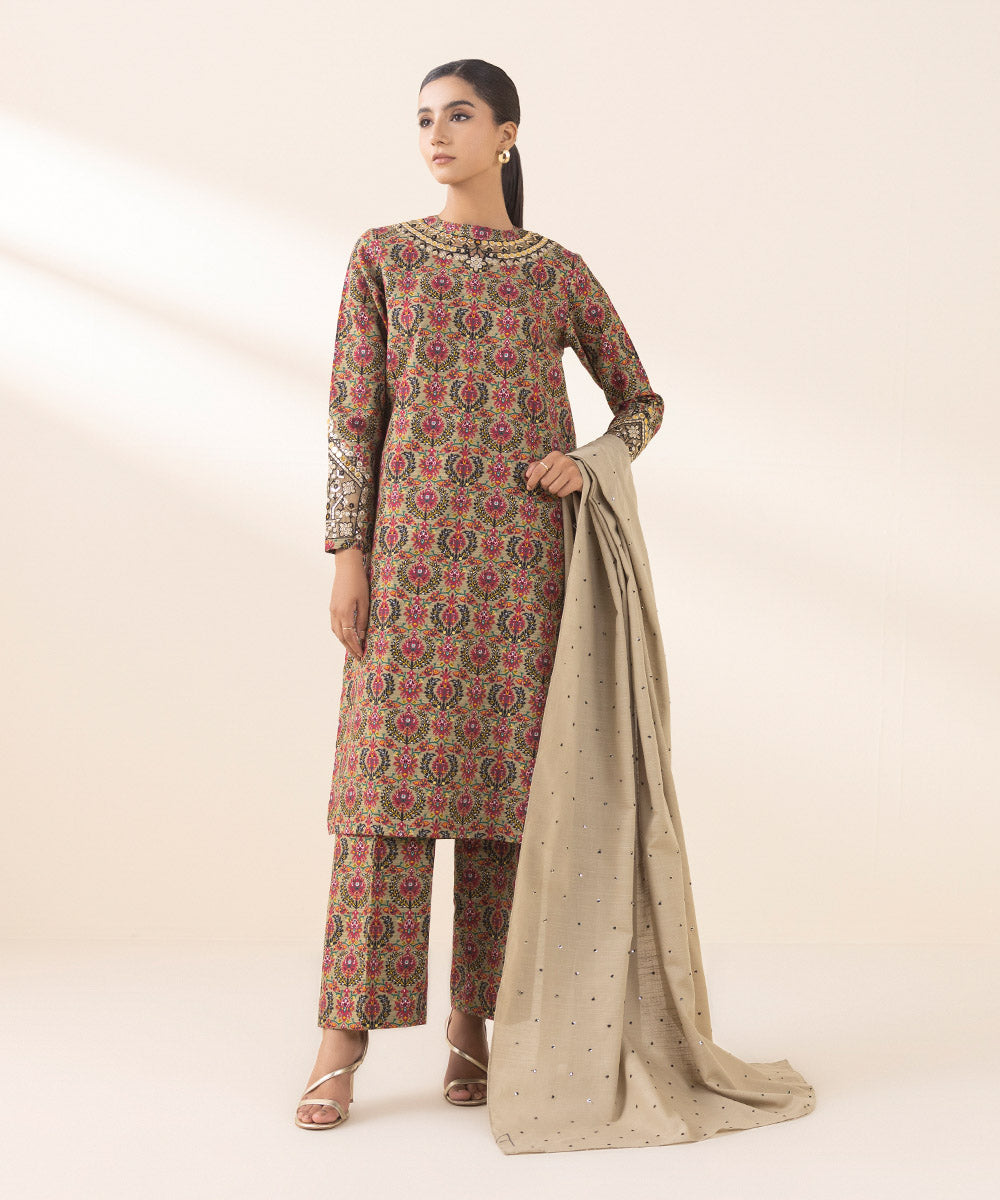 Women's Unstitched Embroidered Beige Light Khaddar Three Piece Suit