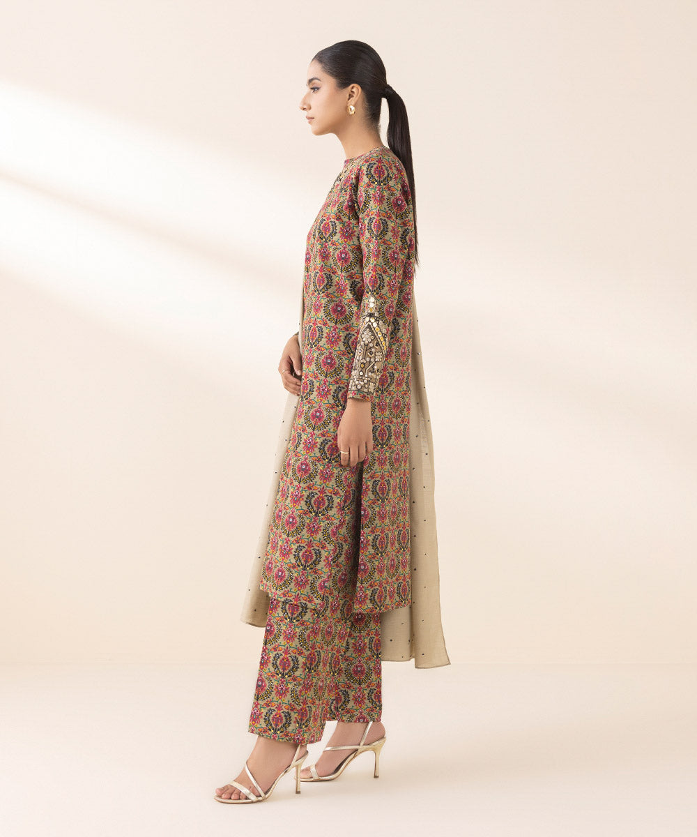 Women's Unstitched Embroidered Beige Light Khaddar Three Piece Suit