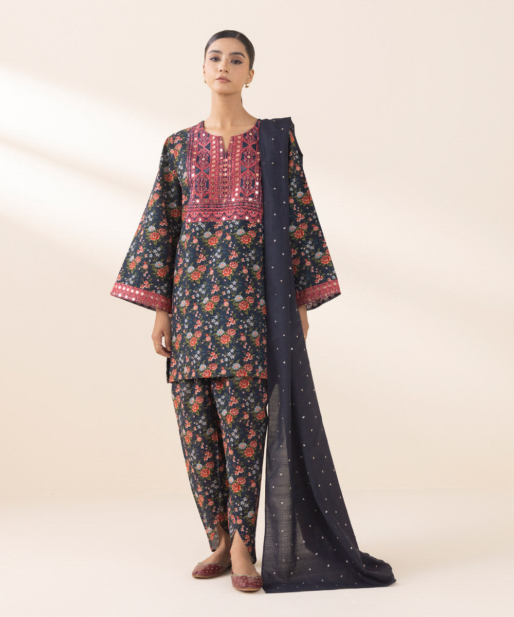 Women's Unstitched Embroidered Navy Blue Light Khaddar Three Piece Suit