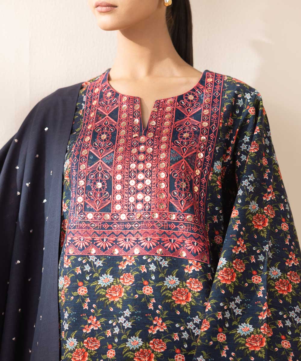 Women's Unstitched Embroidered Navy Blue Light Khaddar Three Piece Suit