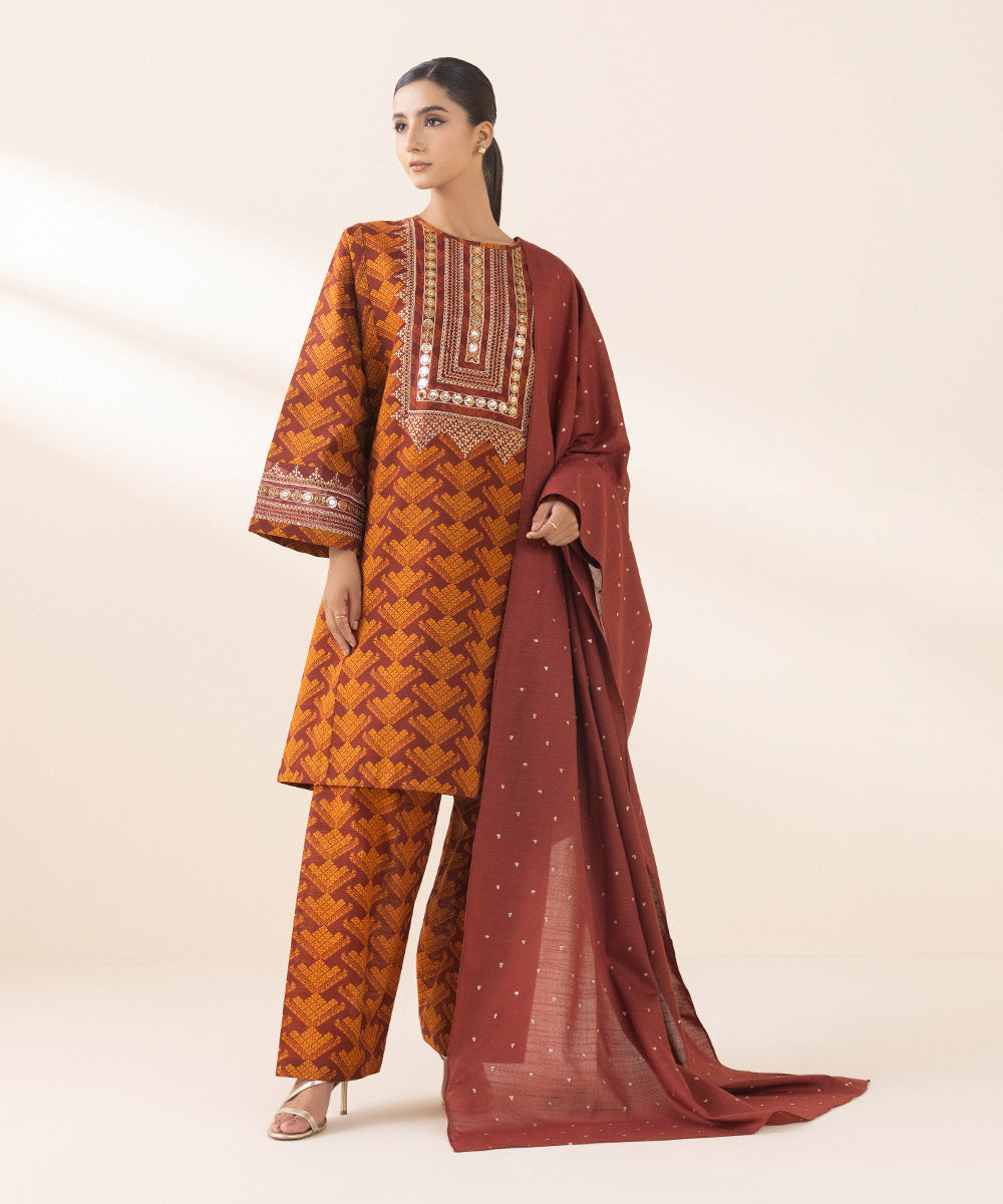 Women's Unstitched Embroidered Maroon And Rust Light Khaddar Three Piece Suit