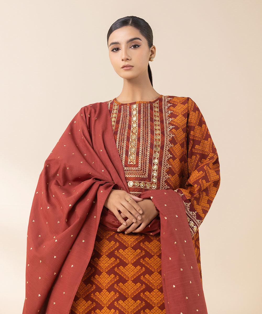 Women's Unstitched Embroidered Maroon And Rust Light Khaddar Three Piece Suit