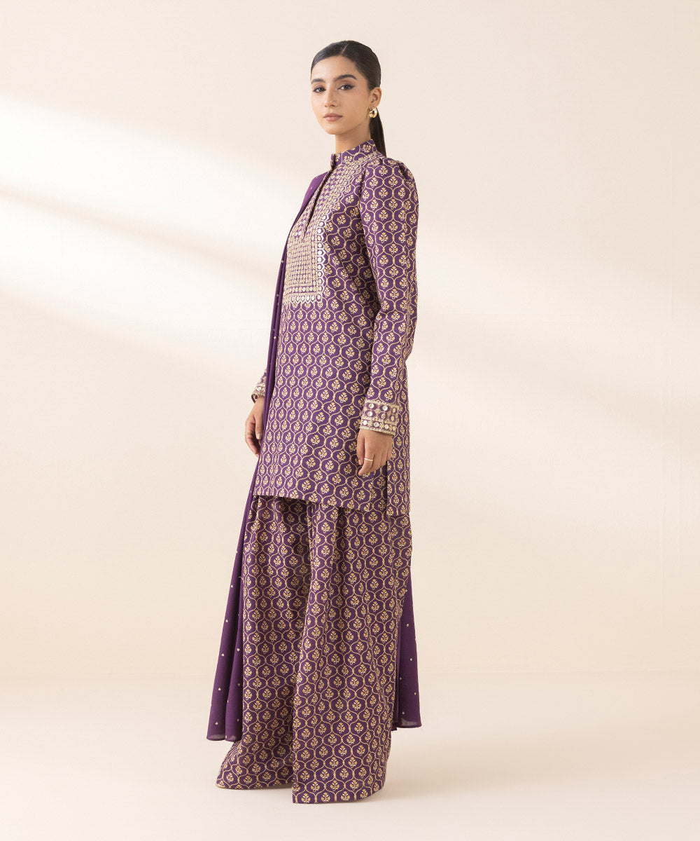 Women's Unstitched Embroidered Purple Light Khaddar Three Piece Suit