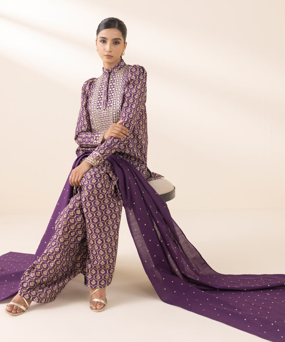 Women's Unstitched Embroidered Purple Light Khaddar Three Piece Suit