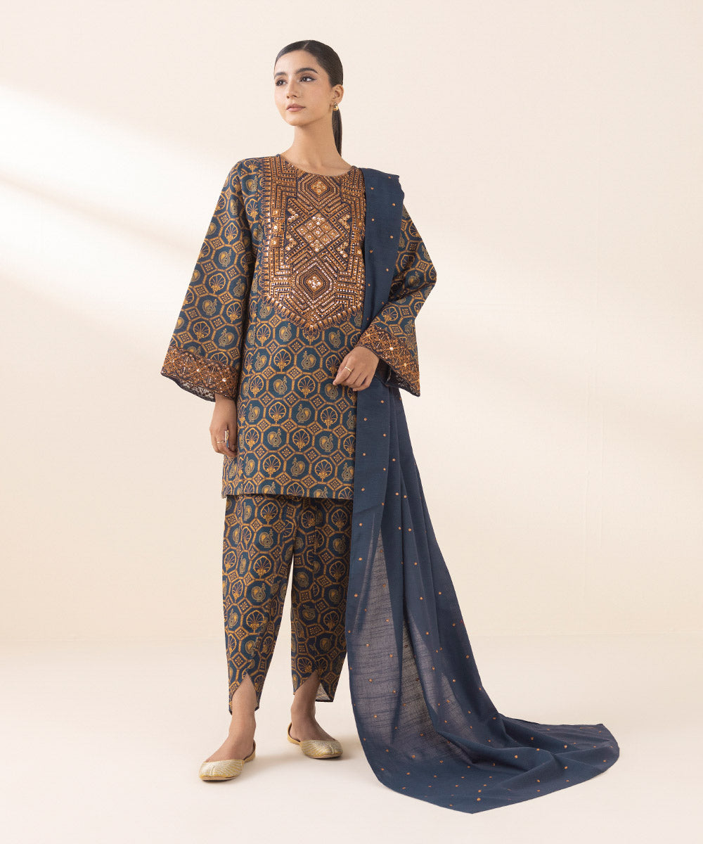 Women's Unstitched Embroidered Navy Blue Light Khaddar Three Piece Suit