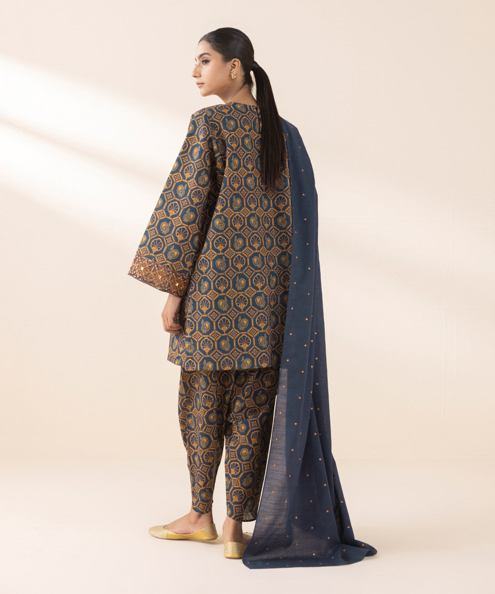 Women's Unstitched Embroidered Navy Blue Light Khaddar Three Piece Suit