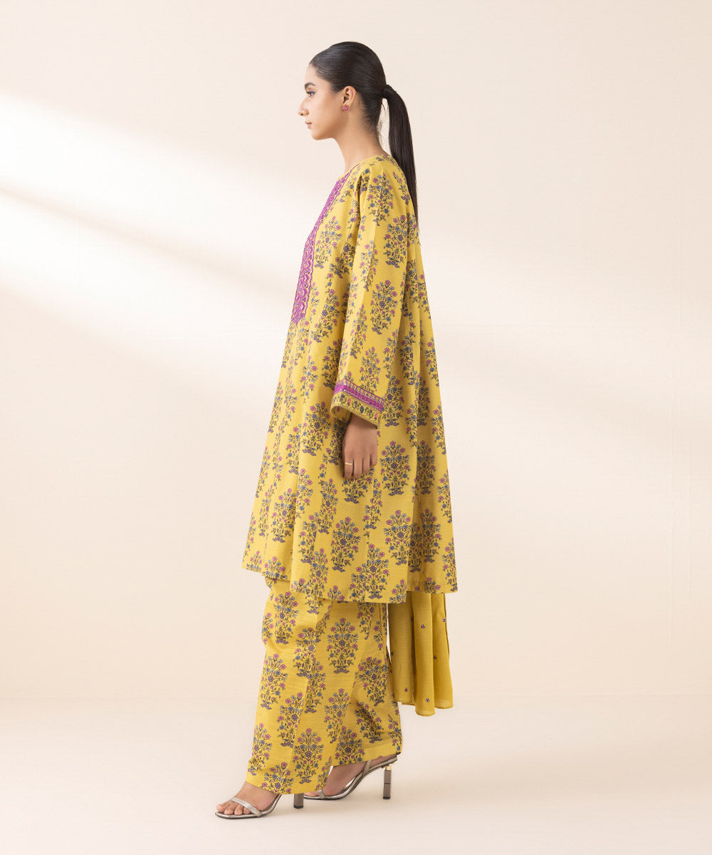 Women's Unstitched Embroidered Mustard Light Khaddar Three Piece Suit