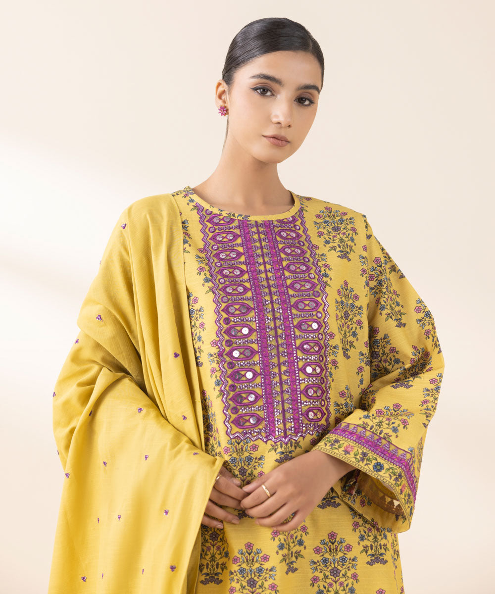 Women's Unstitched Embroidered Mustard Light Khaddar Three Piece Suit