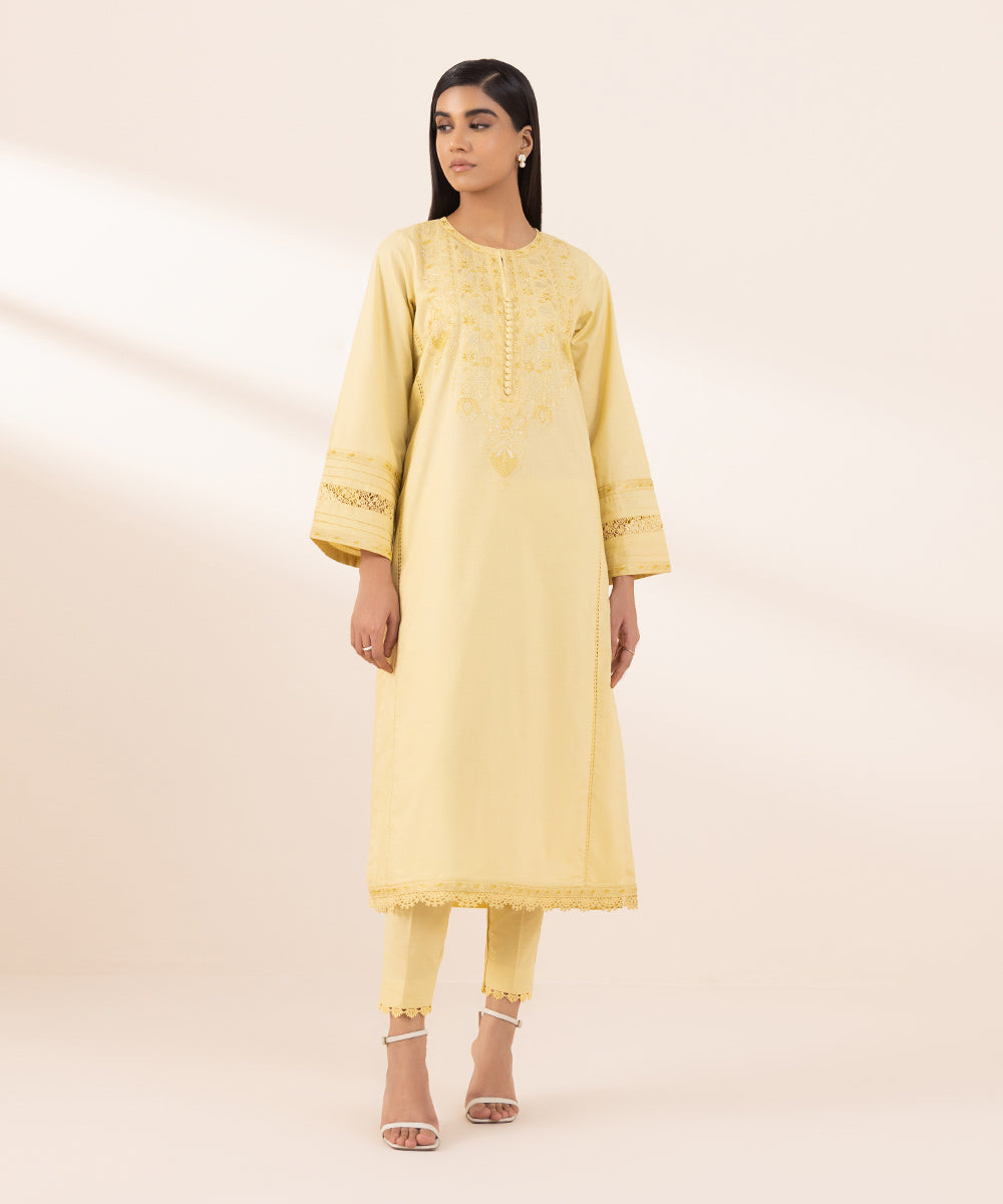 Women's Pret Dobby Yellow Solid Embroidered A-Line Shirt