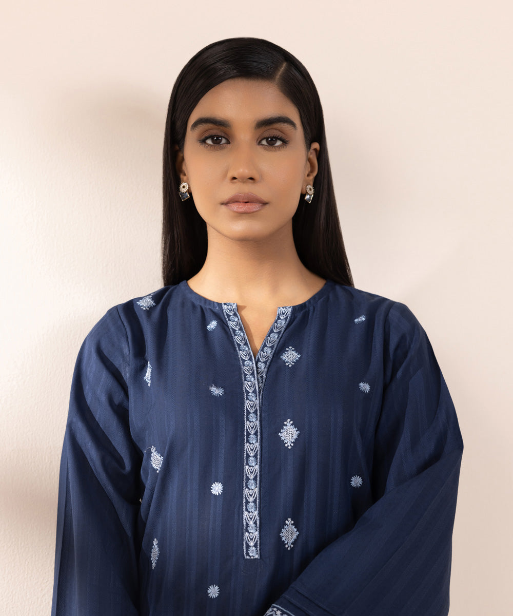 Women's Pret Dobby Blue Solid Embroidered A-Line Shirt