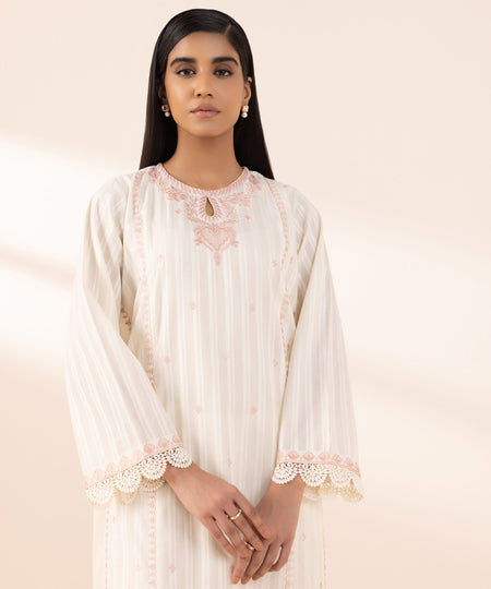 Women's Pret Dobby Off White Solid Embroidered A-Line Shirt