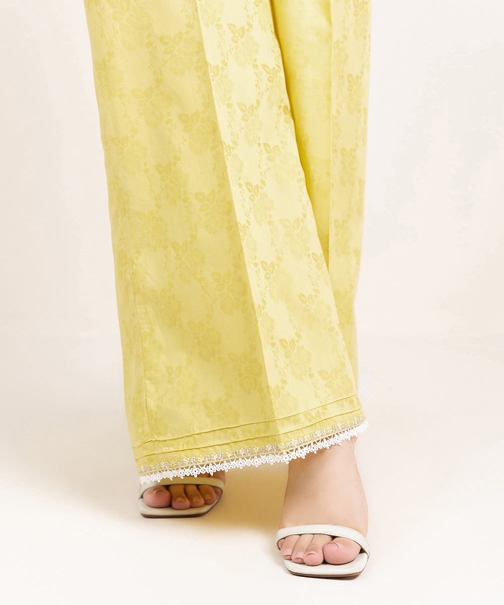 Women's Pret Cotton Embroidered Yellow Flared Pants