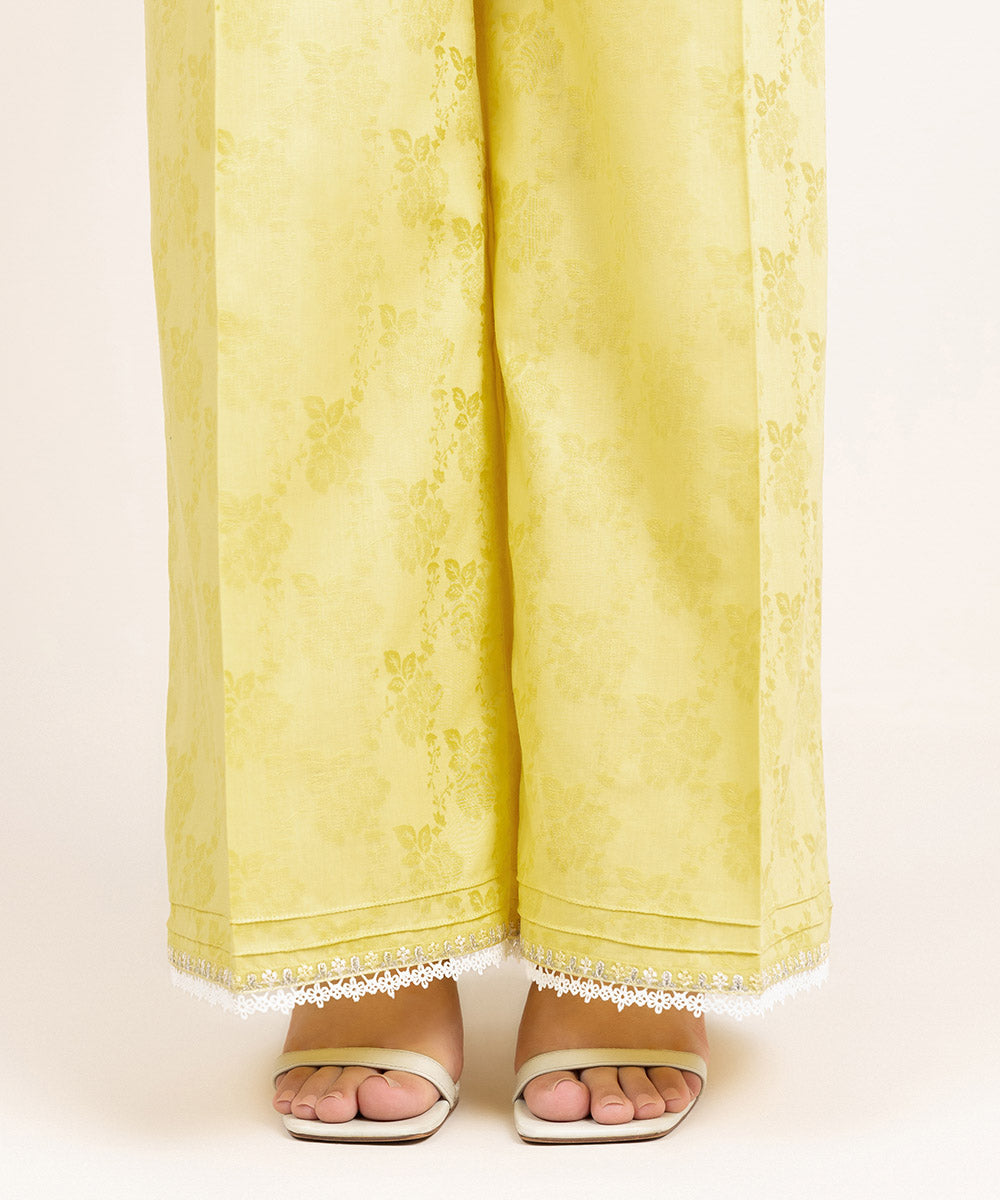 Women's Pret Cotton Embroidered Yellow Flared Pants