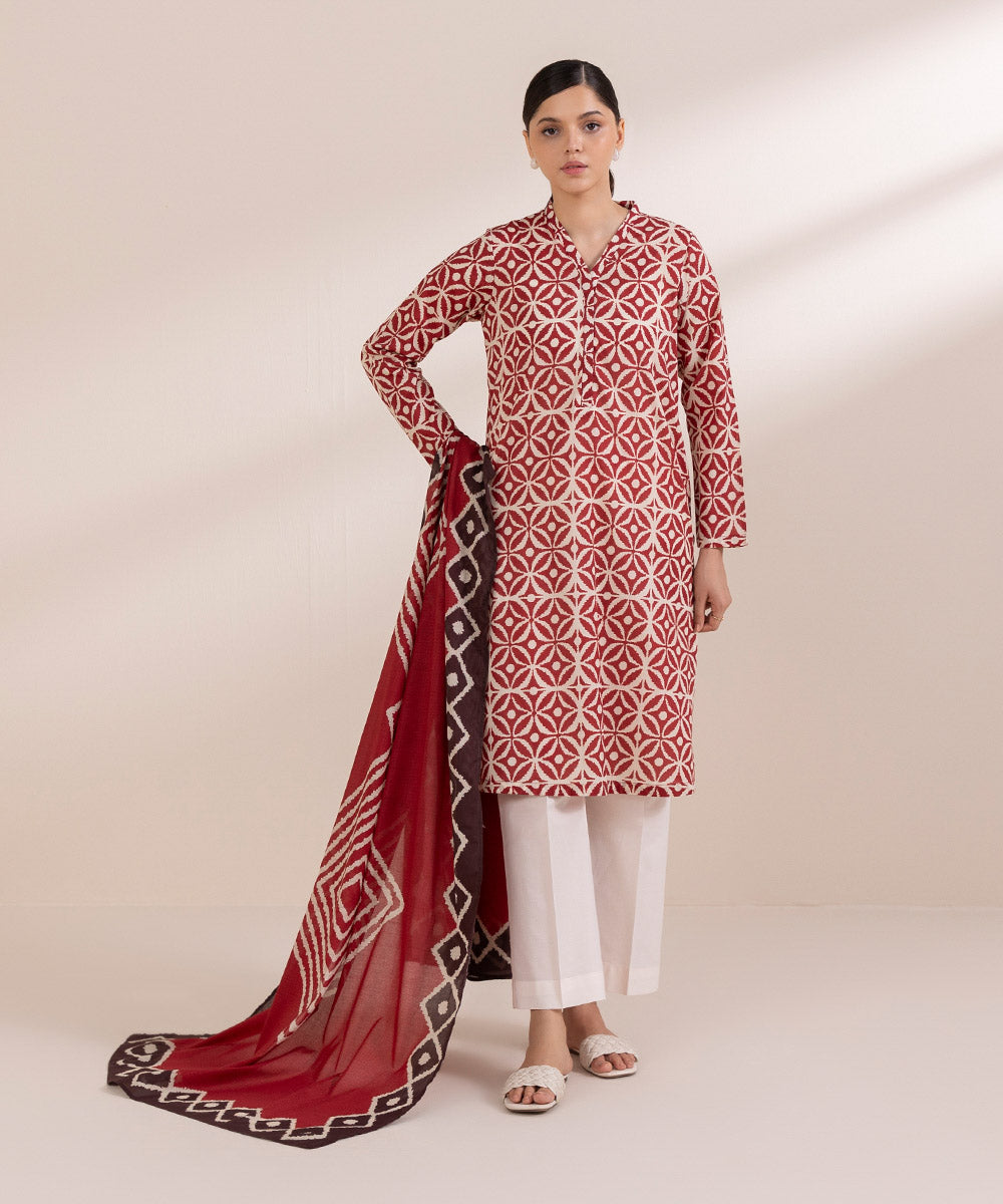 Women's Fine Voile Red Printed Dupatta