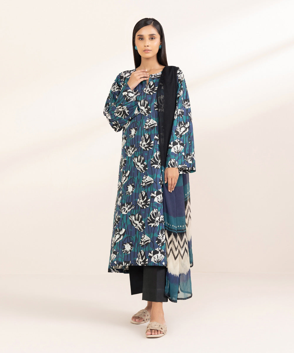 Women's Blended Chiffon Blue Printed Dupatta