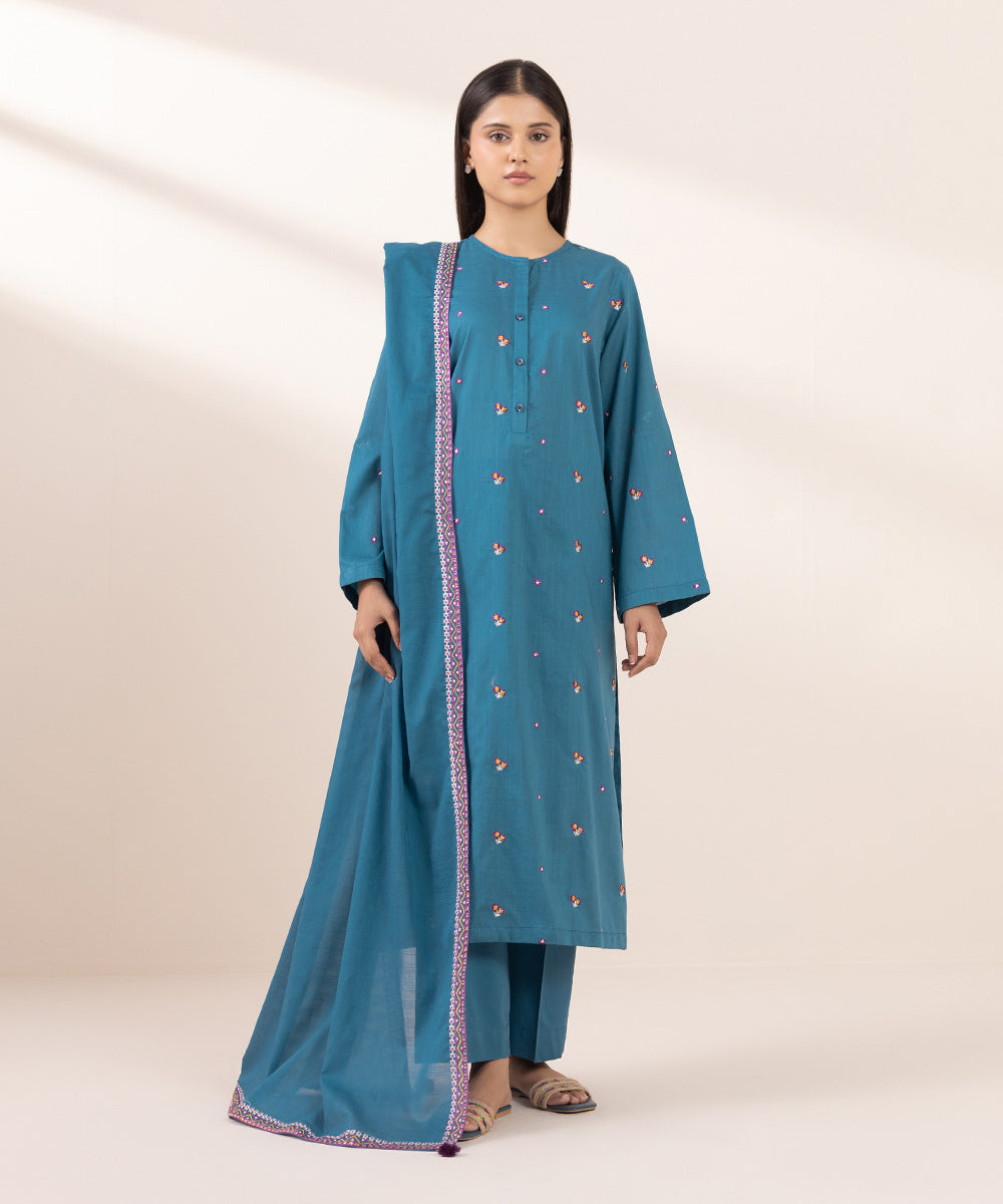 Textured Voile Blue Embroidered Dupatta