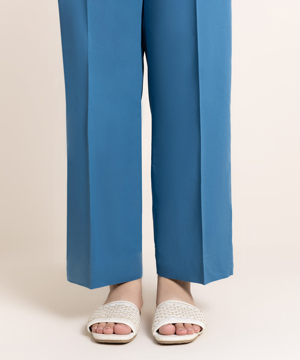 Women's Pret Cambric Solid Blue Straight Pants