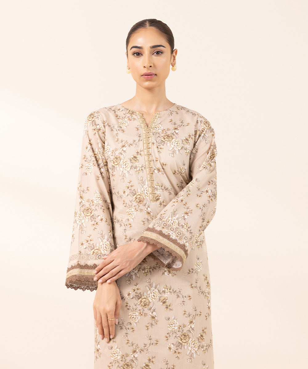 Women's Pret Lawn Printed Embroidered Beige Straight Shirt