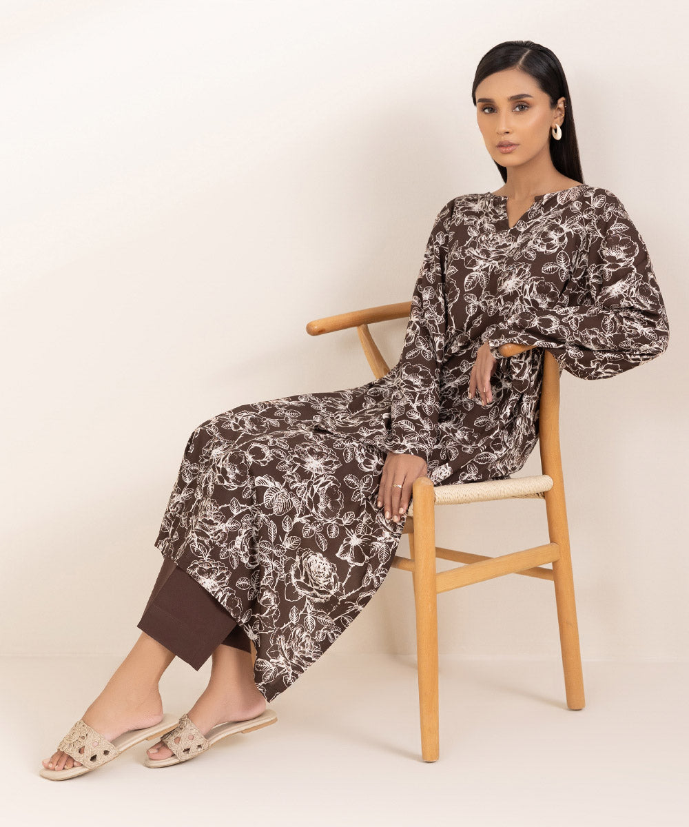 Women's Pret Arabic Lawn Printed Brown Straight Shirt