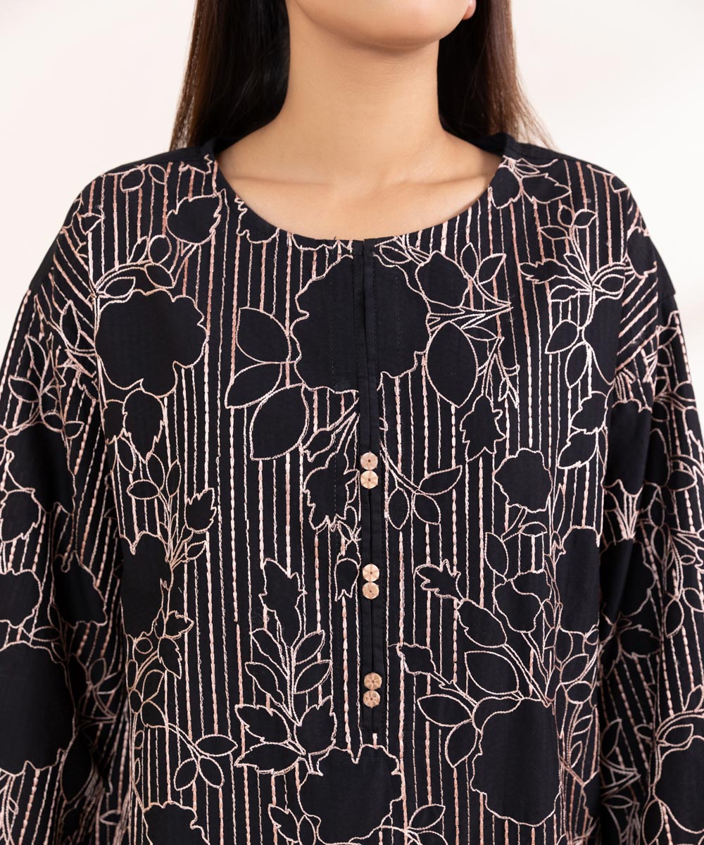 Women's Pret Dobby Solid Embroidered Black Boxy Shirt