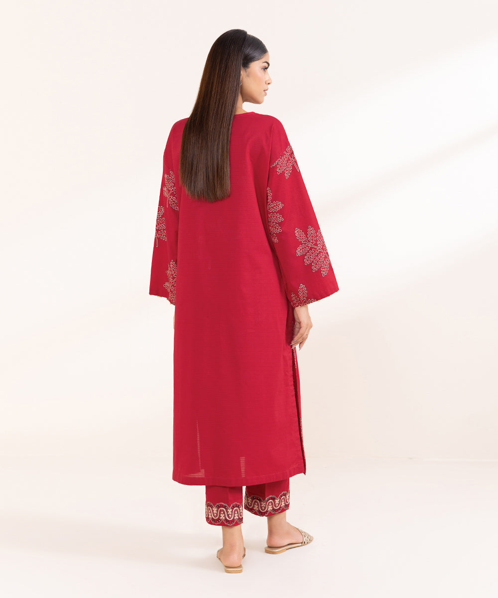 Women's Pret Dobby Solid Embroidered Red Boxy Shirt